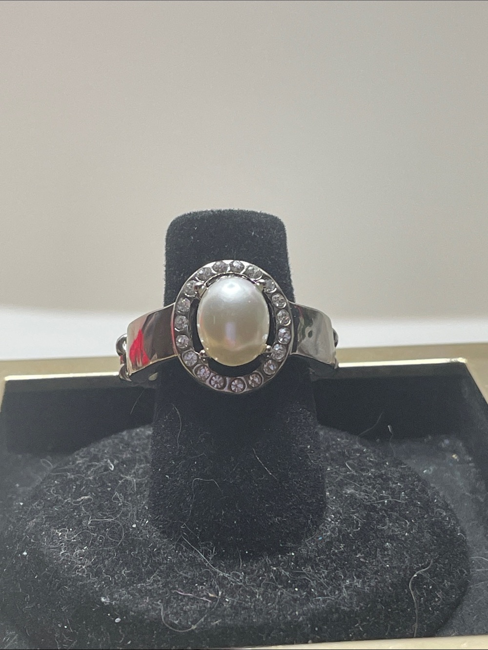 paparazzi Silver-Tone Faux Pearl Ring with Rhinestone Halo